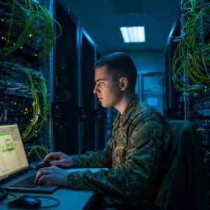 Militar con ordenador, formación ASIR: Imagen de un militar trabajando con un equipo informático, relacionado con la formación en ASIR y su relevancia en el ámbito militar y tecnológico.